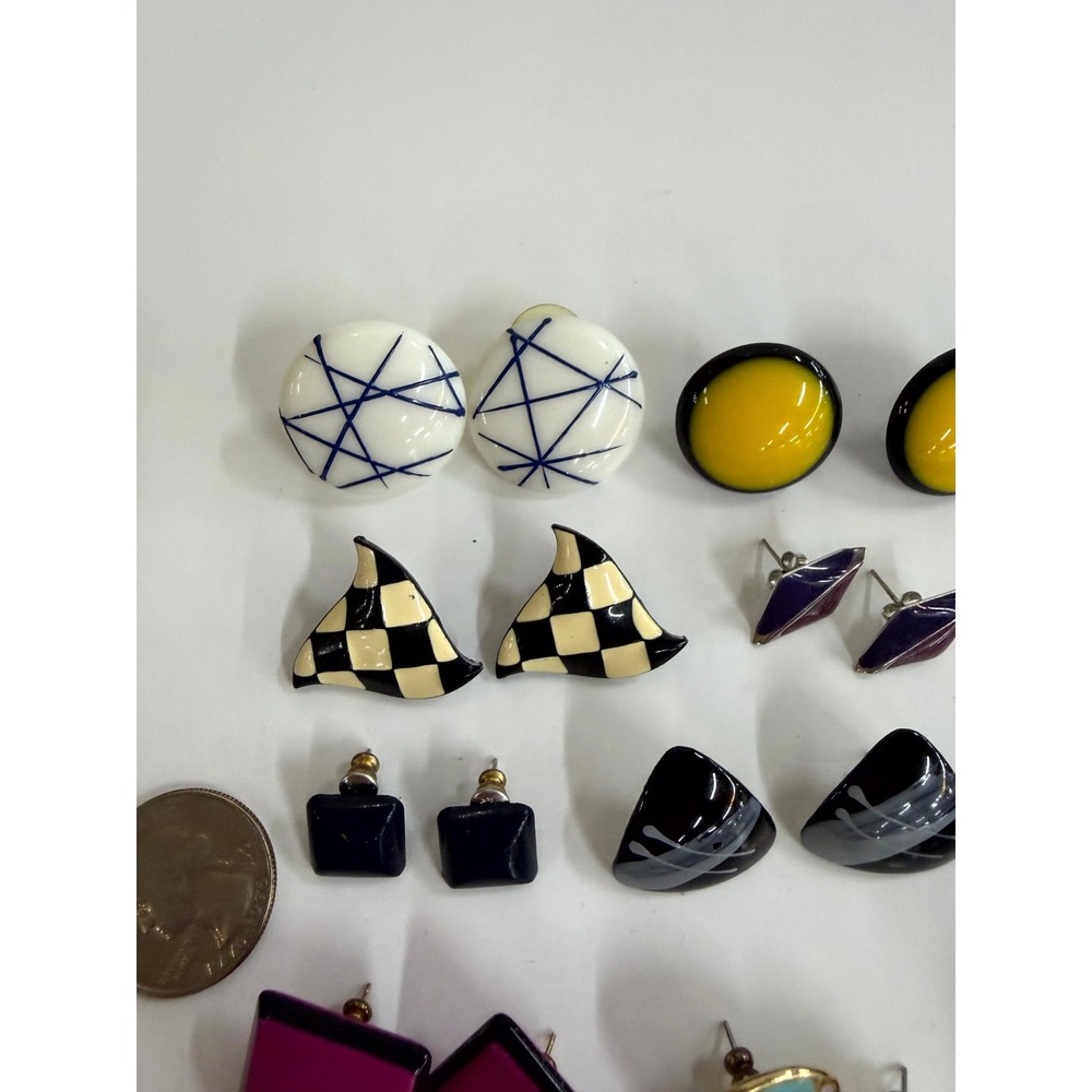 Vintage 1990s Geometric Earring Lot 14 Pairs Enamel Resin Retro Abstract Post - Picture 2 of 10